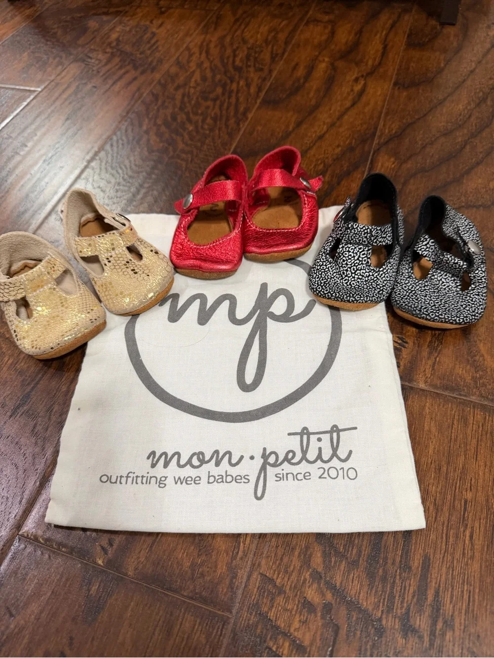 Mon Petit 3 Pair Baby Girl Handmade Mary Jane & T Strap Soft Soled Shoes Size 2